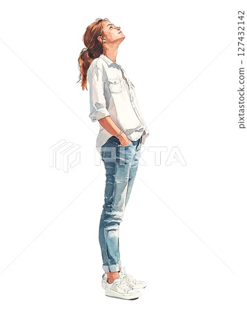 [全身站立圖]身穿白襯衫和牛仔褲的女人的插圖 127432142