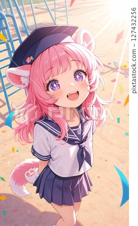 Cheerful Anime Girl with Pink Hair in Sailor Uniform 127432256