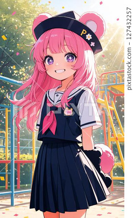 Smiling Anime Girl with Pink Hair and Bear Ears in Playground 127432257