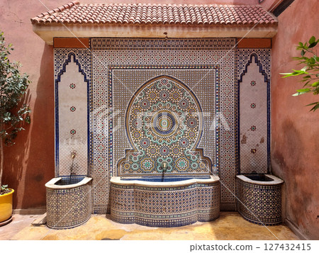 Moroccan public mosaic fountains made by zellige Moroccan public mosaic fountains made by zellige 127432415