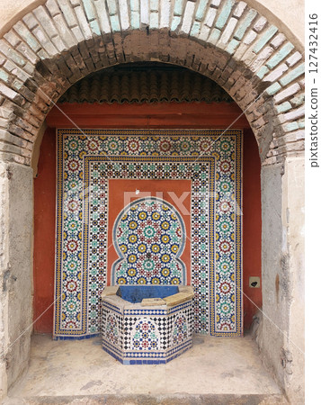Moroccan public mosaic fountains made by zellige 127432416