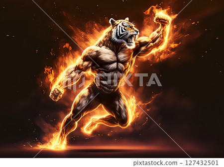 3d illustration of a muscular tiger with burning flames 127432501