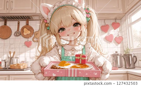Cheerful Anime Girl with Fried Eggs in a Pink Kitchen 127432503