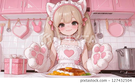 Kawaii Anime Maid Girl with Giant Paws and Dessert 127432504