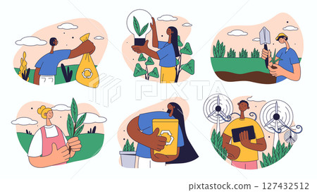 World environment day concept set for web design. Collection with picking garbage, recycling, using alternative energy, organic farming, more. Flat vector illustration isolated on white background. 127432512