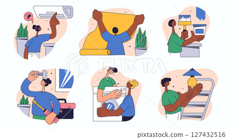 Home repair workers concept set for web design. Collection with people fixing conditioner, painting wall, wallpapering, light bulb replace, more. Flat vector illustration isolated on white background. Home repair workers concept set for web design. Collection with people fixing conditioner, painting wall, wallpapering, light bulb replace, more. Flat vector illustration isolated on white background. 127432516