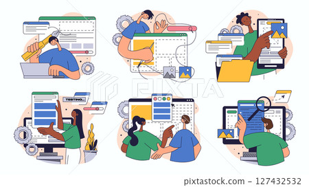 Website design concept set for web design. Collection with people building responsive wireframe site layout, create application pages, more. Flat vector illustration isolated on white background. 127432532
