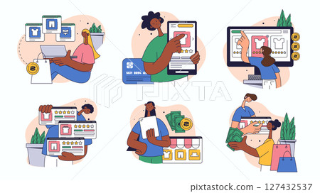 Online shopping concept set for web design. Collection with people choosing and buying products, ordering in app, paying in mobile banking, more. Flat vector illustration isolated on white background. 127432537