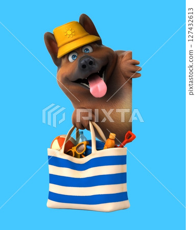 Fun 3D cartoon dog with a beach bag (on alpha) Fun 3D cartoon dog with a beach bag (on alpha) 127432613