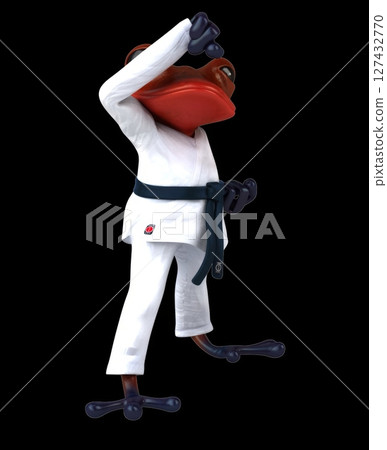 Fun 3D cartoon karateka frog doing a jodan age uke (with alpha channel) 127432770