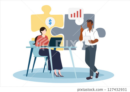 Financial metrics and team collaboration depicted with laptop and charts. Vector illustration 127432931