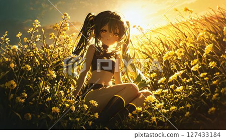 Anime Girl in Golden Field at Sunset 127433184