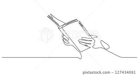 hand holding book handdrawn sketch line art 127434091