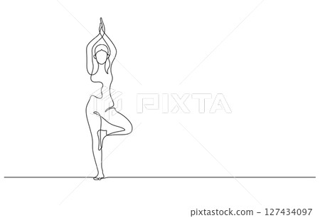 woman exercising yoga tree pose one line drawing 127434097