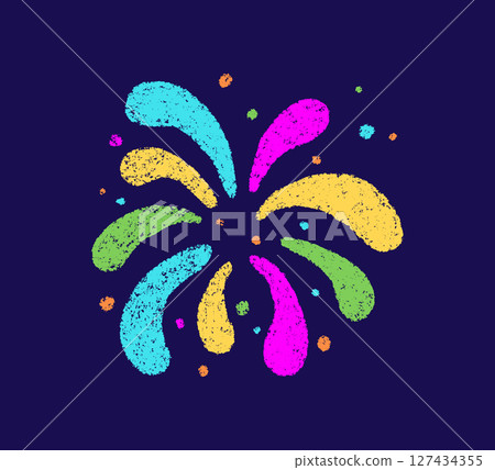 Crayon doodle firework symbol. Hand drawn firework pencil sketch. Chalk color magic sparkle. Crayon texture starburst. Vector illustration on white background Crayon doodle firework symbol. Hand drawn firework pencil sketch. Chalk color magic sparkle. Crayon texture starburst. Vector illustration on white background 127434355