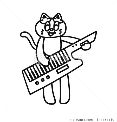 Cat playing a shoulder keyboard - Line drawing Cat playing a shoulder keyboard - Line drawing 127434519