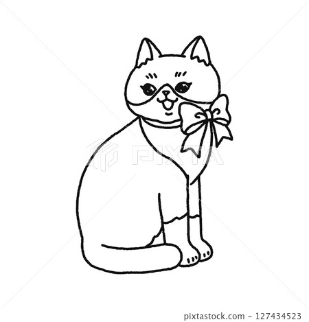 Cute cat with ribbon - line drawing Cute cat with ribbon - line drawing 127434523