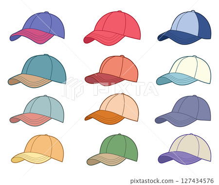 Collection of assorted baseball caps with various colors arranged on white 127434576