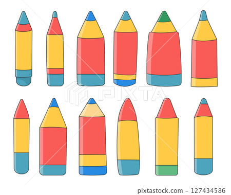 Colorful pencil assortment in various shapes and sizes on a white background. Colorful pencil assortment in various shapes and sizes on a white background. 127434586