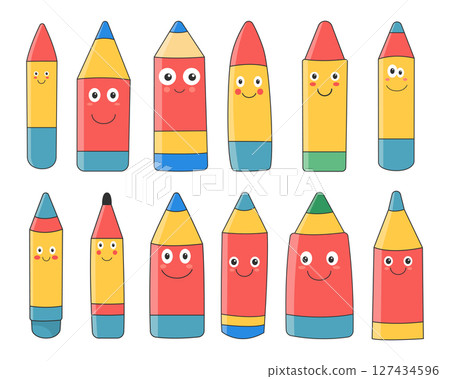 Cartoon Pencils: A colorful collection of cute stationery with happy faces. Cartoon Pencils: A colorful collection of cute stationery with happy faces. 127434596