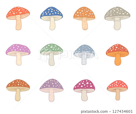 Collection of Colorful Spotted Mushrooms, Isolated on White Background Collection of Colorful Spotted Mushrooms, Isolated on White Background 127434601