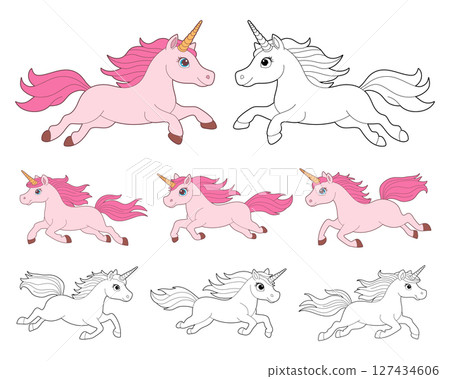 Running unicorns, pink and white outline drawings, whimsical and fantasy style. 127434606
