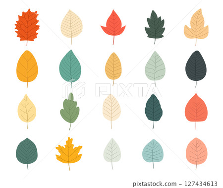 Assortment of Colorful Cartoon Leaves Isolated on White Background 127434613