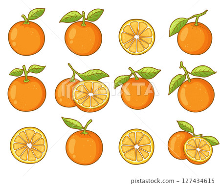 Collection of vibrant oranges, some whole, some sliced, with green leaves. Collection of vibrant oranges, some whole, some sliced, with green leaves. 127434615