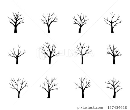 Silhouette trees in winter season. Black trees on white background design. 127434618
