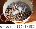 Freshly cooked rice with bamboo shoots cooked in a pot 127434633