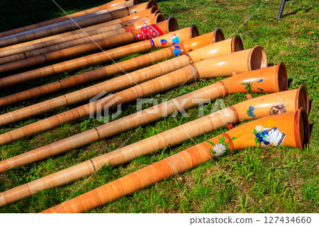 Alphorns laying on the grass on the alpine meadow 127434660