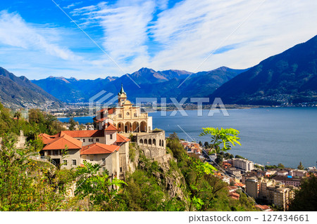 View of Madonna del Sasso monastery and lake Maggiore at Locarno, Switzerland View of Madonna del Sasso monastery and lake Maggiore at Locarno, Switzerland 127434661