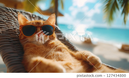 Funny ginger cat wearing sunglasses relaxing on a lounge chair under palm trees at tropical beach. Sunny vacation mood. 127434800