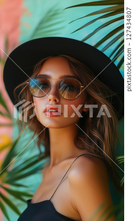 Fashionable young woman in sunglasses and black hat posing against colorful tropical background with palm leaves. Summer style portrait. Bold elegance. 127434807