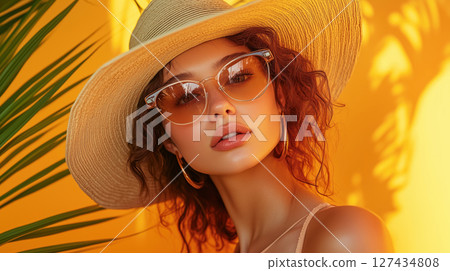 Elegant young woman in sunglasses and wide-brimmed hat posing against bright yellow tropical background. Modern summer style. Confident beach look. 127434808