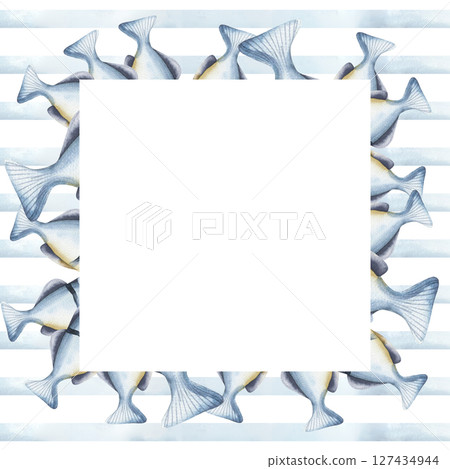 Blue monochrome summer watercolor banner template with fish tails on striped background illustrations. Hand drawn frame with tropical deep sea creatures,nautical style clipart for poster, card design 127434944