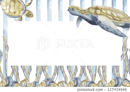 Seaweeds,sea shells and big turtle in blue and beige colors on striped background watercolor banner template. Hand drawn frame with deep sea creatures and flora, nautical clipart for card design 127434946