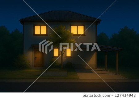 帶車棚的房屋夜間外觀 帶車棚的房屋夜間外觀 127434948