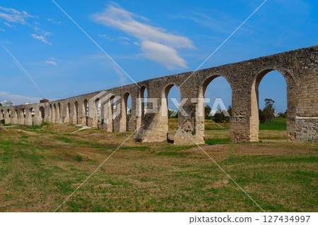 Ancient Aqueduct of Kamares in Larnaca, Cyprus A Historic Landmark Under Blue Skies Ancient Aqueduct of Kamares in Larnaca, Cyprus A Historic Landmark Under Blue Skies 127434997