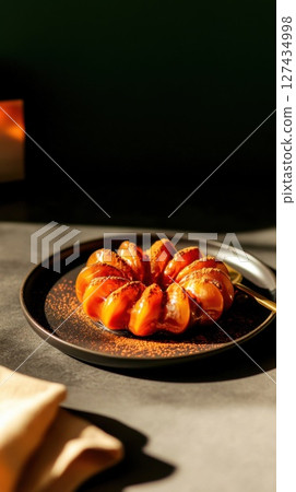 Elegant caramel dessert with glossy glaze and cocoa dusting served on a dark ceramic plate in warm moody light, perfect for fine dining or bakery inspiration 127434998