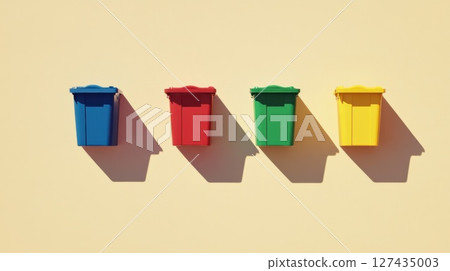 Minimal recycling bins in blue, red, green, and yellow mounted on pastel wall, symbolizing eco-friendly waste sorting and sustainable city living Minimal recycling bins in blue, red, green, and yellow mounted on pastel wall, symbolizing eco-friendly waste sorting and sustainable city living 127435003