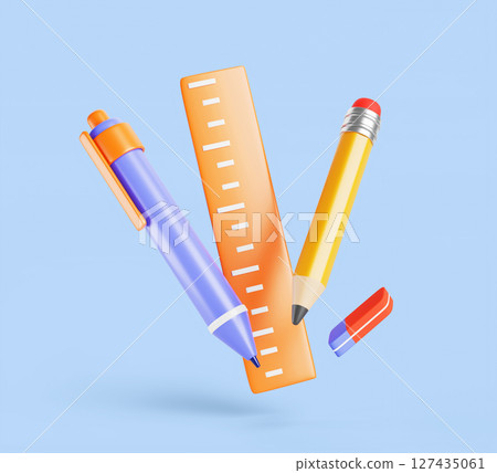 School and office stationery 3d set. Education supplies for children study. Cartoon render icons of pen, pencil, ruler, eraser. Flying student accessories isolated on blue background. 3D illustration School and office stationery 3d set. Education supplies for children study. Cartoon render icons of pen, pencil, ruler, eraser. Flying student accessories isolated on blue background. 3D illustration 127435061