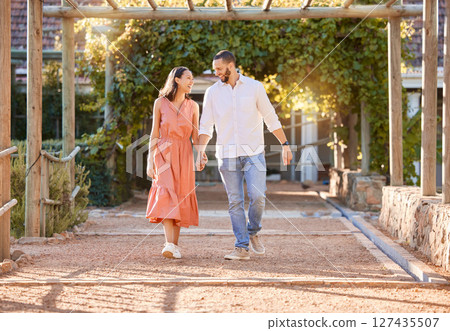 Love, date and couple holding hands in a park for trust, support and communication in summer. Happy, walking and man and woman with affection and smile on a romantic holiday after marriage in nature Love, date and couple holding hands in a park for trust, support and communication in summer. Happy, walking and man and woman with affection and smile on a romantic holiday after marriage in nature 127435507