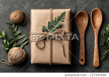 Eco friendly gift box with leaf and jute rope on dark background 127435680