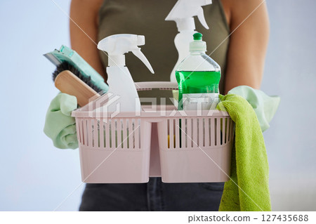 Cleaning service, product basket and cleaner hands for house work, office or home with plastic bottle, product and cloth gear. Woman zoom with hygiene liquid or detergent for spring cleaning career 127435688