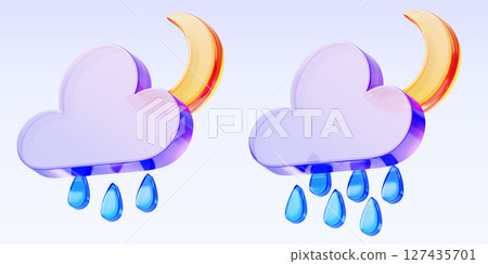 3d glass holographic rain clouds with crescent and water drops. Weather forecast icons of summer downpour, autumn shower. Rainy night sky with moon and raindrops, isolated render set. 3D illustration 127435701