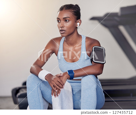 Fitness, woman and break in sweat from running exercise, cardio workout or training on treadmill at the gym. Tired female relaxing after intense exercising sport run for healthy breathing or wellness 127435712