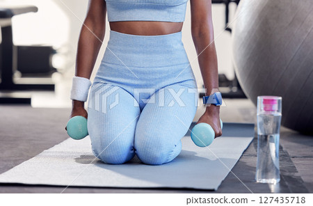 Fitness, healthcare and body of black woman with dumbbells training at gym for wellness. Sports, energy and female athlete or bodybuilder weightlifting for muscle, power or strength at fitness center 127435718