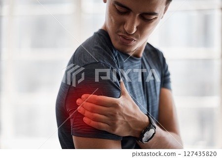 Fitness, medical or man with shoulder pain overlay in gym for exercise, workout or training overwork. Healthcare, sad or athlete with arm injury emergency health wellness, sports or cardio problem Fitness, medical or man with shoulder pain overlay in gym for exercise, workout or training overwork. Healthcare, sad or athlete with arm injury emergency health wellness, sports or cardio problem 127435820