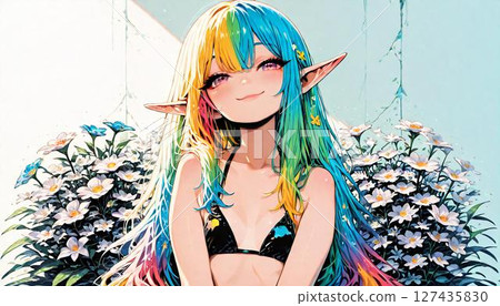 Sunny Anime Elf Girl in Swimsuit with Rainbow Hair and Flowers 127435830